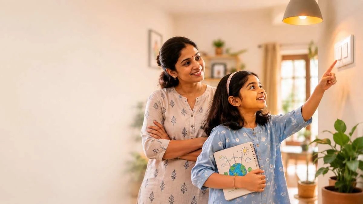 A girl reaching up to switch off a light while her mother watches
