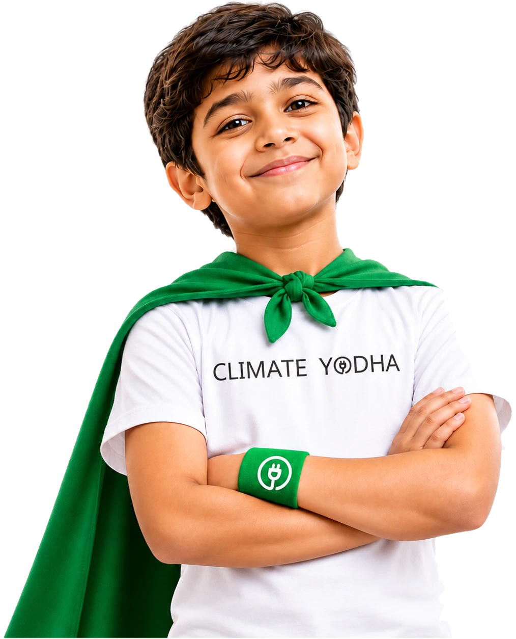 A Little Climate Yodha in a green cape, arms folded